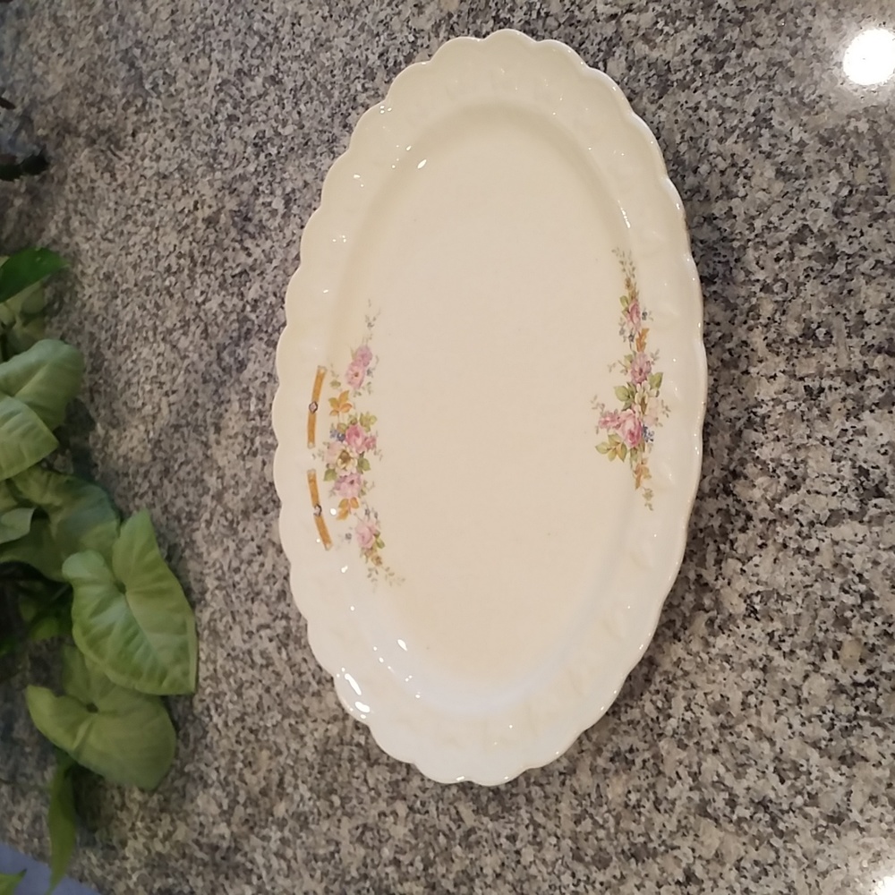 1930's Era Creme Colored China Serving Platter/ Plate with Flowers & Leaves.